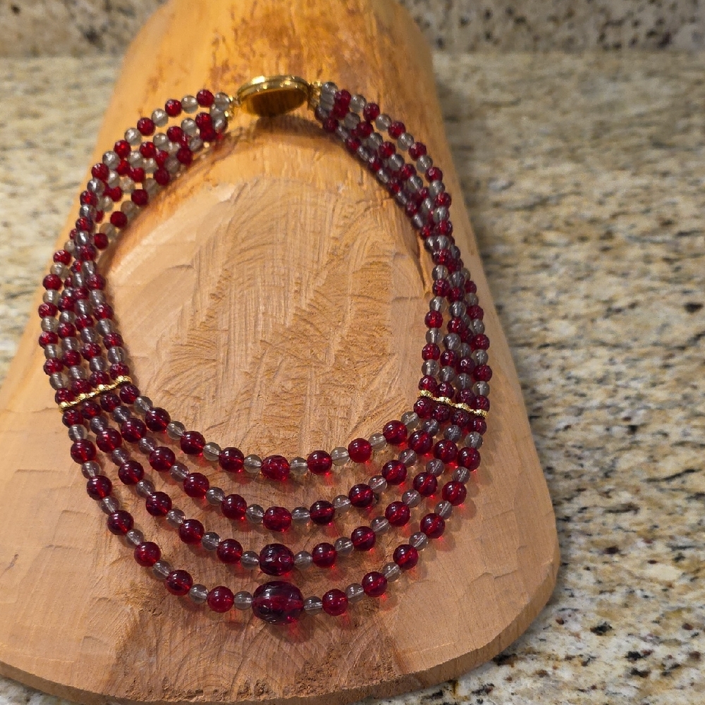 Monet Gold Tone Clear and Red Plastic/Lucite Beaded Necklace.